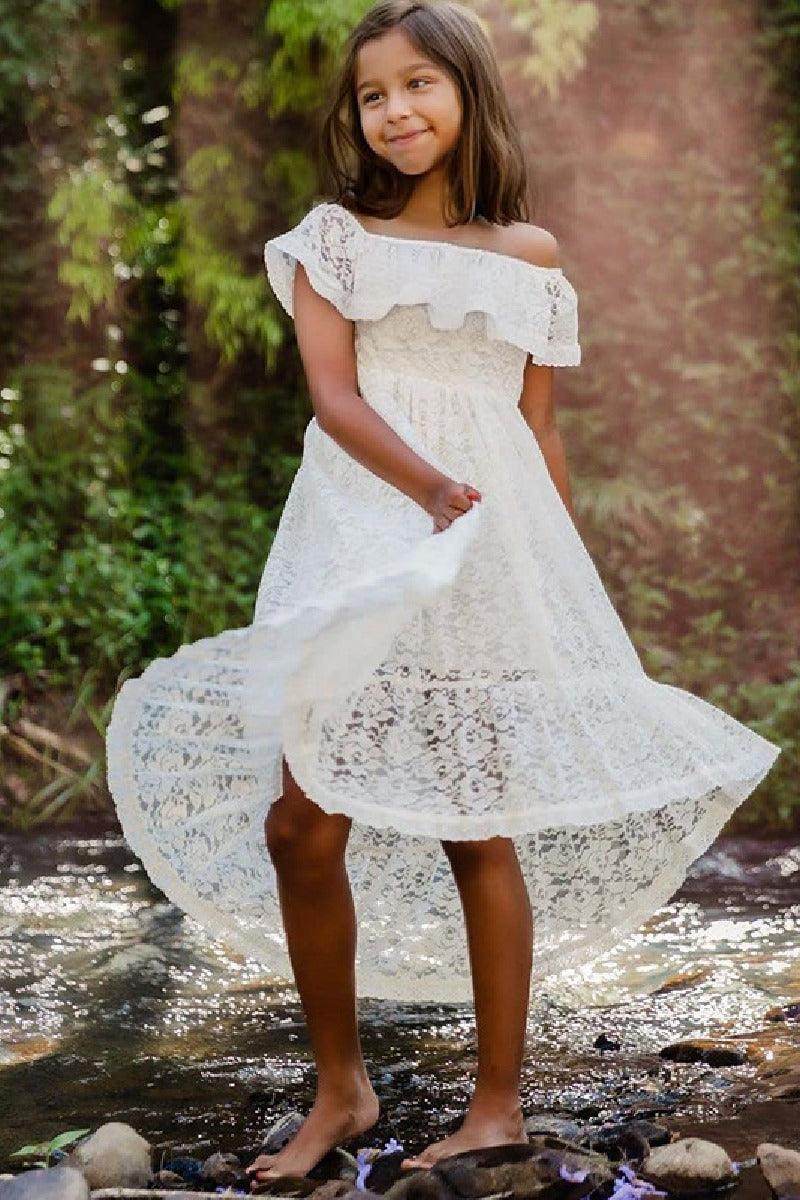 A-Line Off The Shoulder Neck Cold Shoulder Sleeves Lace High-Low Flower Girl Dresses 725677421000 - COCOMELODY